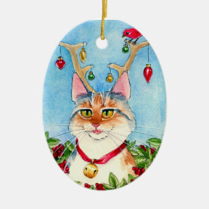 Kerstkat met rendiergewei ornament