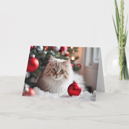 Kerstkat Met Rode Versiering Feestdagen Kaart (Voorkant)