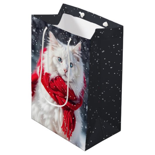 Kerstkat met sjaal en sneeuwvlokken medium cadeauzakje (Voorkant Gekanteld)