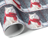 Kerstkat met sjaal op sneeuw cadeaupapier (Rol Hoek)