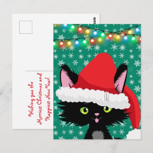 kerstkat met Sneeuwvlokken en -lichten van Santa H Briefkaart (Voorkant / Achterkant)