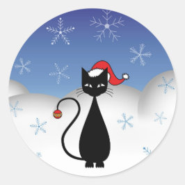kerstkat met sneeuwvlokken ronde sticker