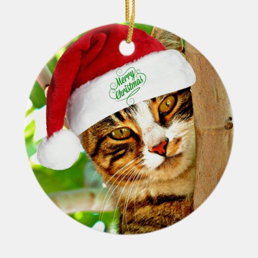 Kerstkat met tabbypatroon in een boom keramisch ornament (Voorkant)