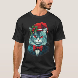 Kerstkat met vlinderdas en kerstmuts t-shirt
