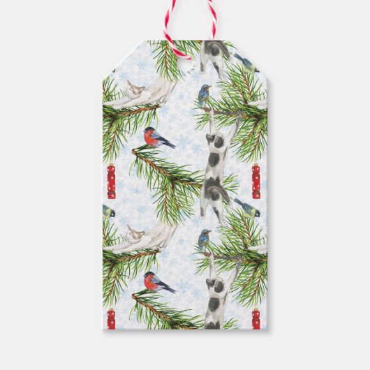 Kerstkat met vogels cadeaulabel (Voorkant)