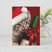 Kerstkat Met Wijnfles Kaart (Staand voorkant)