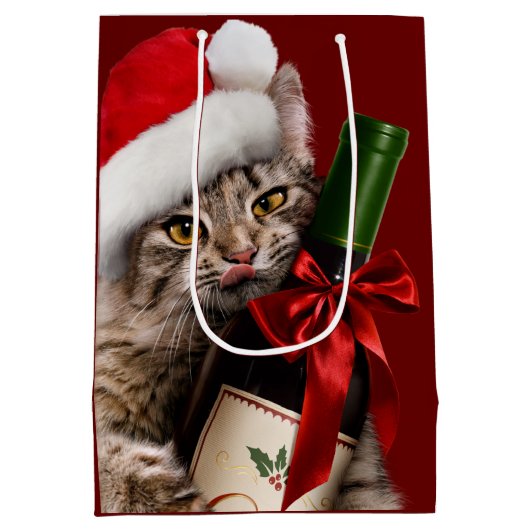 kerstkat met wijnflesje medium cadeauzakje (Achterkant)