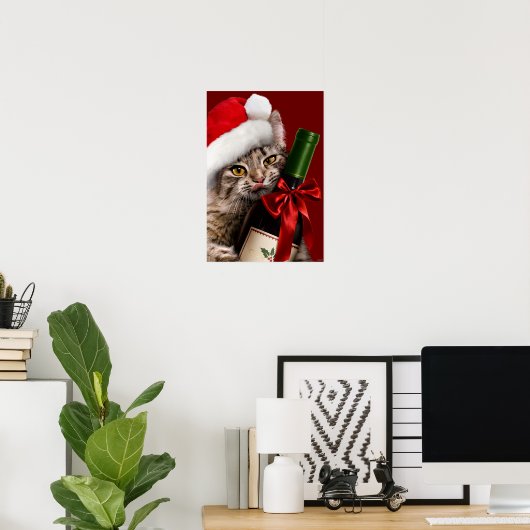 kerstkat met wijnflesje poster (Thuiskantoor)