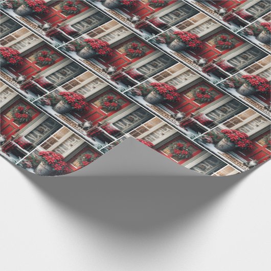 Kerstkat op de deurmat cadeaupapier (Hoek)