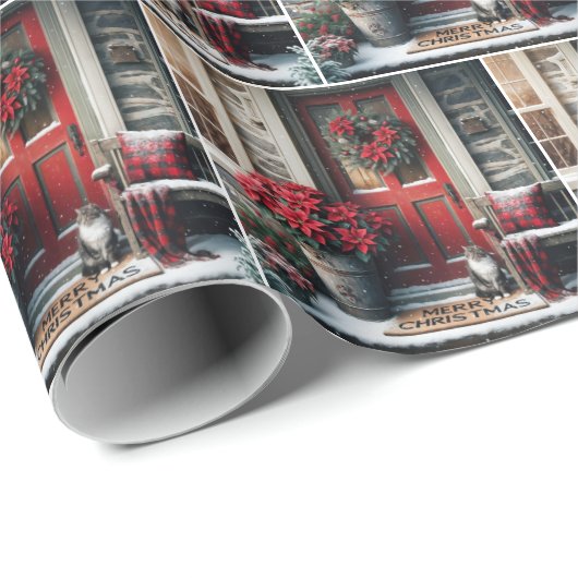 Kerstkat op de deurmat cadeaupapier (Rol Hoek)