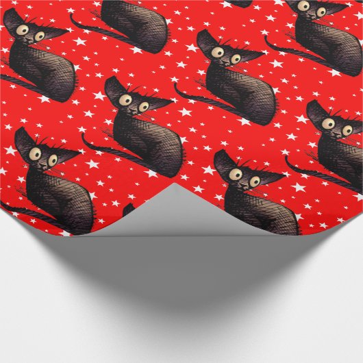kerstkat op sterren cadeaupapier (Hoek)