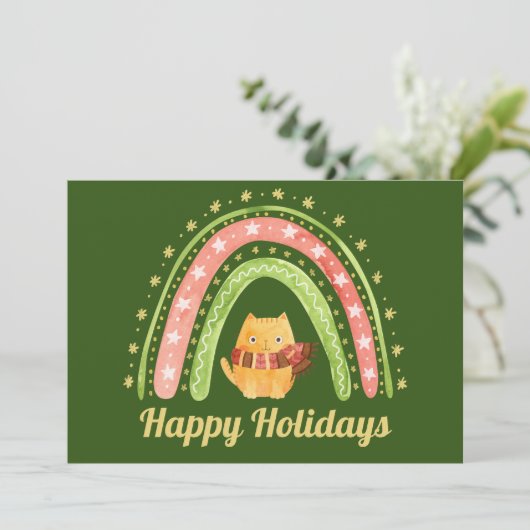 Kerstkat & Regenboog Persoonlijke Kerstkaart (Staand voorkant)