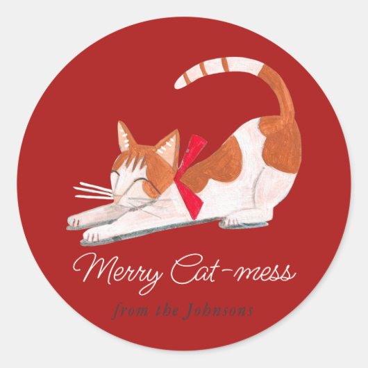Kerstkat rendier rood Feestdagen  Ronde Sticker (Voorkant)