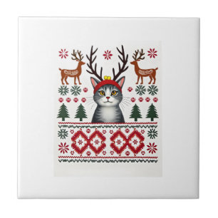Kerstkat Rendier Verschrikkelijke Kerst Sweater T- Tegeltje