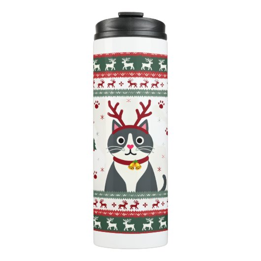 Kerstkat Rendier Verschrikkelijke Kerst Sweater T- Thermosbeker (Voorkant)