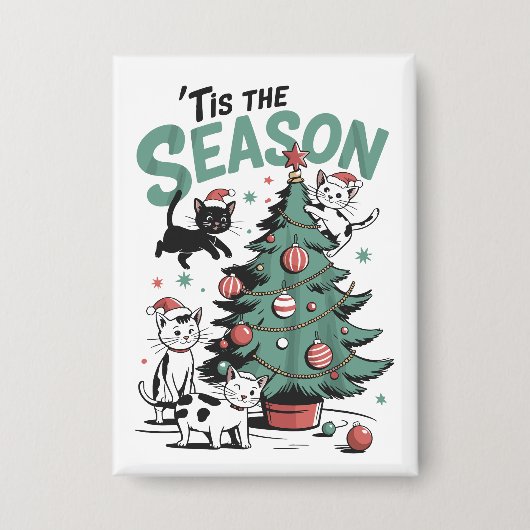 Kerstkat Retro Tis het Seizoen Meowy Catmas  Button (Voorkant)