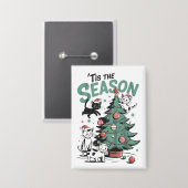 Kerstkat Retro Tis het Seizoen Meowy Catmas  Button (Voorkant / Achterkant)