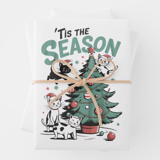 Kerstkat Retro Tis het seizoen Meowy Catmas  Inpakpapier Vel (In situ)