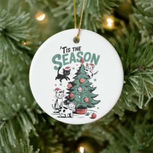 Kerstkat Retro Tis Het Seizoen Meowy Catmas  Keramisch Ornament
