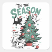 Kerstkat Retro Tis het Seizoen Meowy Catmas  Vierkante Sticker (Voorkant)