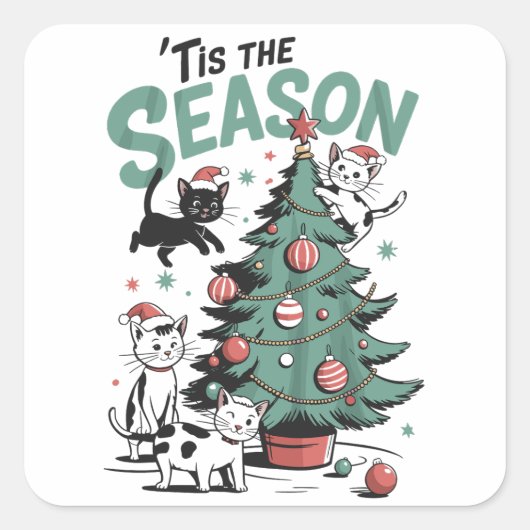 Kerstkat Retro Tis het Seizoen Meowy Catmas  Vierkante Sticker (Voorkant)