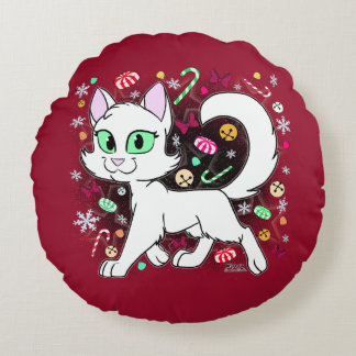 Kerstkat Ronde Kussen (Rood)
