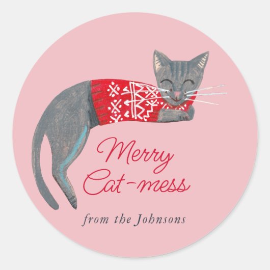 Kerstkat roze Kerstmis Ronde Sticker (Voorkant)