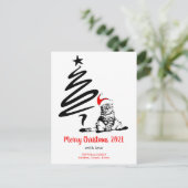 Kerstkat Santa hat Funny Cute Black White Feestdagenkaart (Staand voorkant)