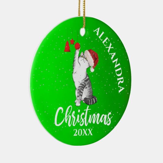 kerstkat Santa Hat Green Kinderen Keramisch Ornament (Rechts)