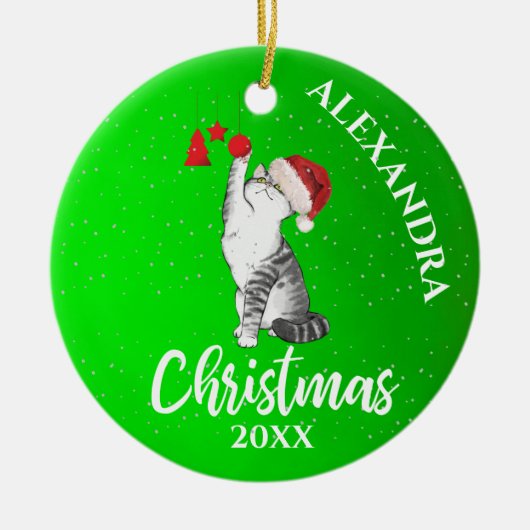 kerstkat Santa Hat Green Kinderen Keramisch Ornament (Voorkant)