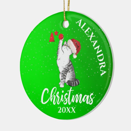 kerstkat Santa Hat Green Kinderen Keramisch Ornament (Links)