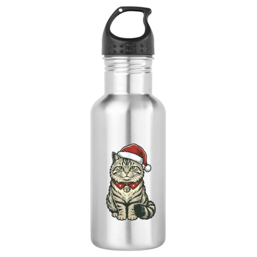 Kerstkat Santa-hoed Vintage graveerontwerp_1 Waterfles (Voorkant)