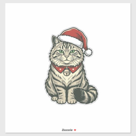 Kerstkat Santa-hoed Vintage Gravure Design_1 Sticker (Vel)