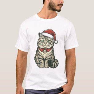 Kerstkat Santa-hoed Vintage Gravure Design_1 T-shirt