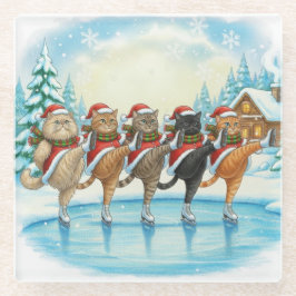 Kerstkat Schaatsers, Glas Coaster Glazen Onderzetter