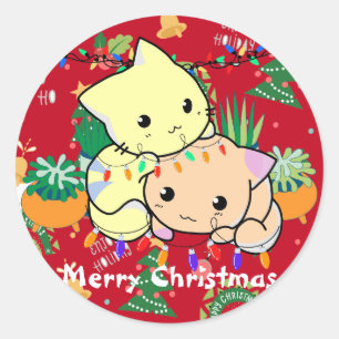 kerstkat schattig, persoonlijke tekst aanpassen ronde sticker
