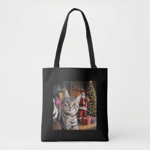 Kerstkat Selfie met Kerstman Schattige Feestdagen Tote Bag