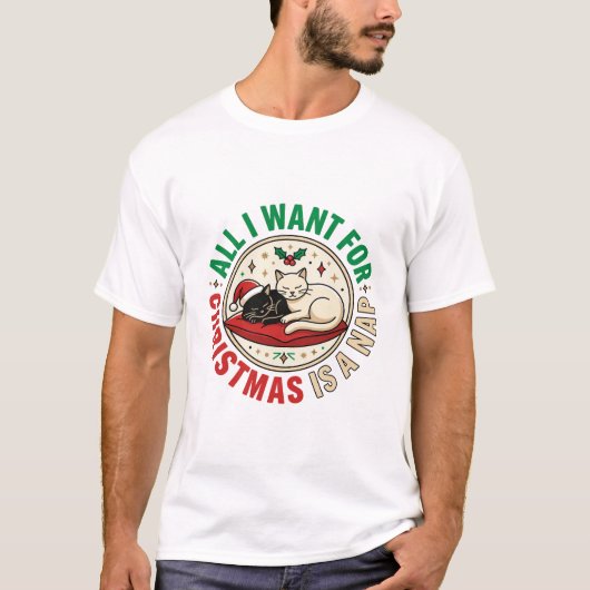 Kerstkat Slaap Vakantie Ontwerp T-shirt (Voorkant)