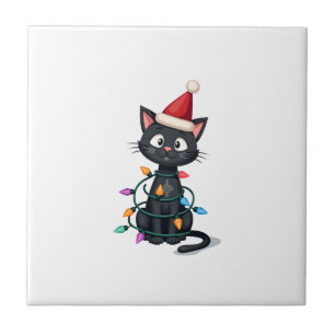 Kerstkat smoking zwarte kat xmas lichten poes c tegeltje