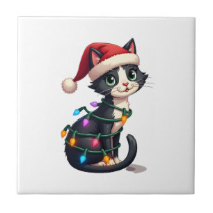 Kerstkat smoking zwarte kat xmas lichten poes c tegeltje