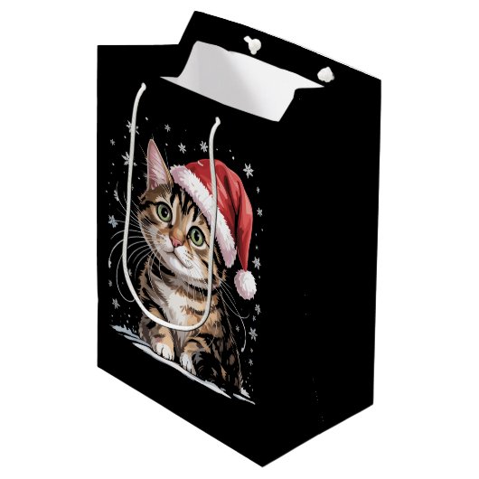 Kerstkat Sneeuw Kerstman Hoed Winter Medium Cadeauzakje (Voorkant Gekanteld)