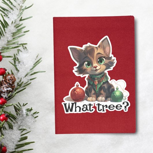 Kerstkat spelen met Ornamenten -"Welke boom?" Sticker