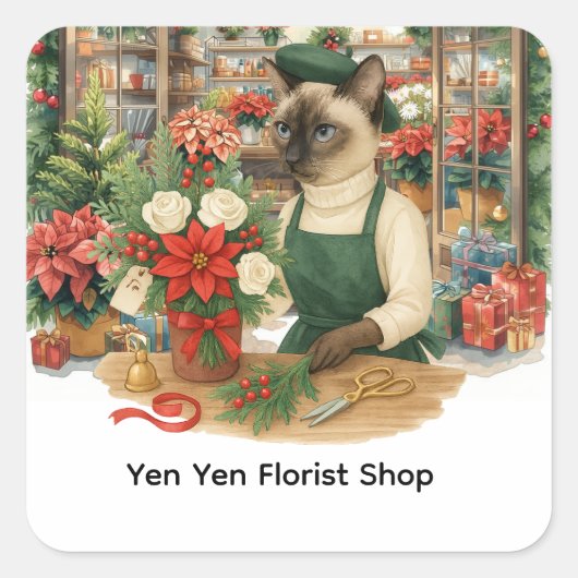 Kerstkat sticker, kattenbloemist sticker, vierkante sticker (Voorkant)