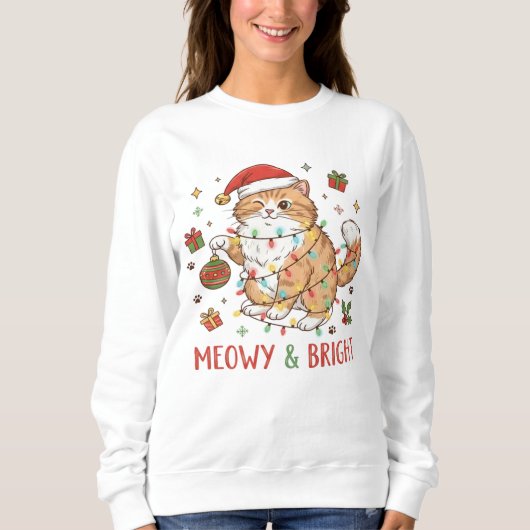 Kerstkat T-shirt met kerstmuts en lichtjes (Voorkant)