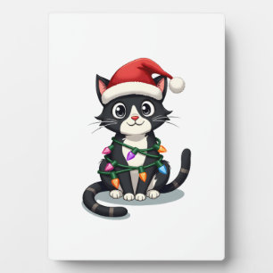 Kerstkat Tuxedo zwarte kat xmas lichten poes c Fotoplaat
