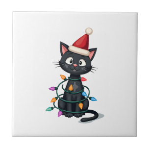 Kerstkat Tuxedo zwarte kat xmas lichten poes c Tegeltje