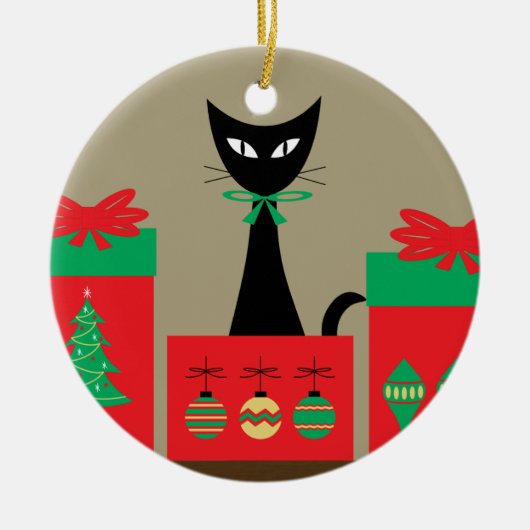 Kerstkat uit het midden van de eeuw in doos keramisch ornament (Voorkant)