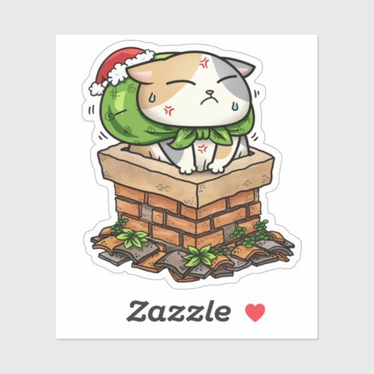 Kerstkat vast in schoorsteen sticker (Vel)