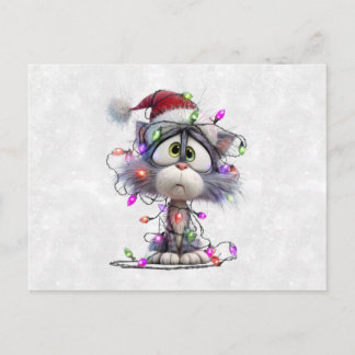 Kerstkat verstrikt in lichtjes briefkaart