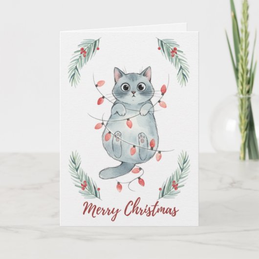 Kerstkat Verward in Lichtjes Kaart (Voorkant)